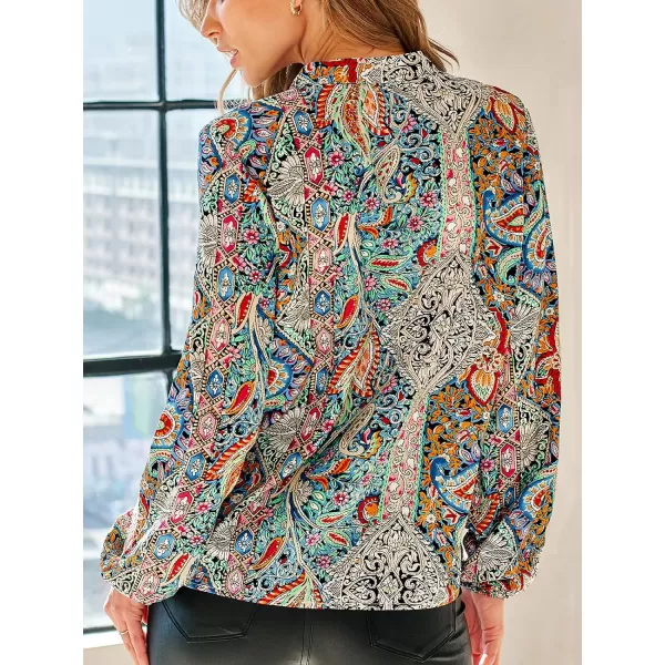 imageCUPSHE Women Blouses Paisley Print Peasant Sleeve Top Long Sleeves V Neck Shirts Casual DressyGreen