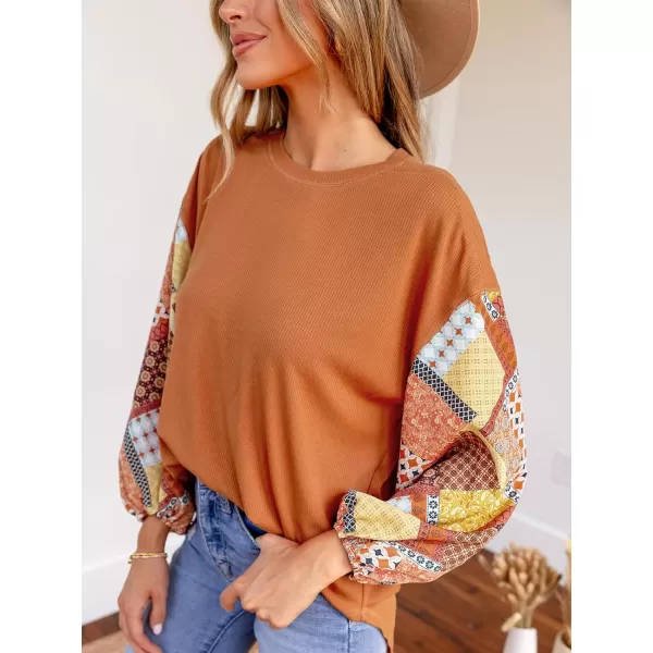 imageCUPSHE Women Blouses Patchwork Peasant Sleeve Pullover Long Balloon Sleeves TopsOrange