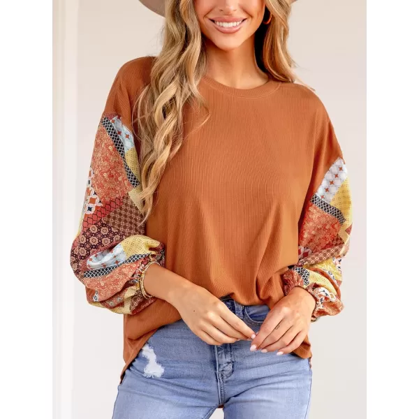 imageCUPSHE Women Blouses Patchwork Peasant Sleeve Pullover Long Balloon Sleeves TopsOrange