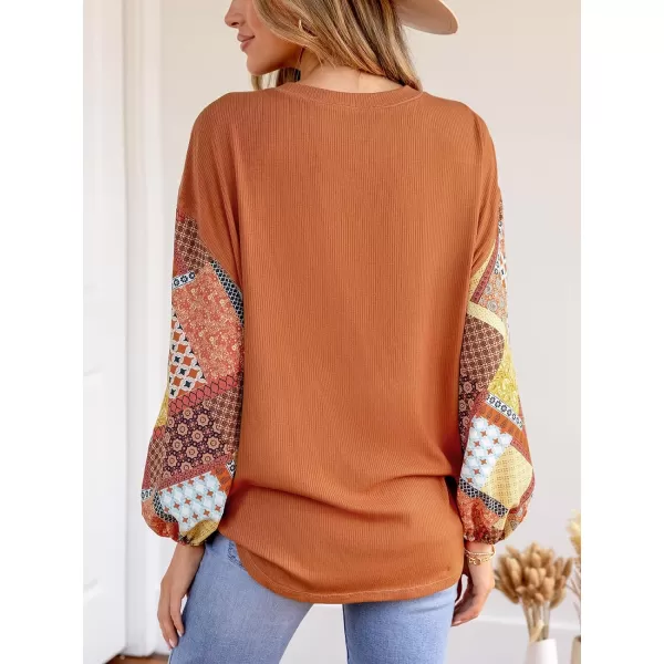 imageCUPSHE Women Blouses Patchwork Peasant Sleeve Pullover Long Balloon Sleeves TopsOrange