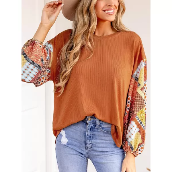 imageCUPSHE Women Blouses Patchwork Peasant Sleeve Pullover Long Balloon Sleeves TopsOrange