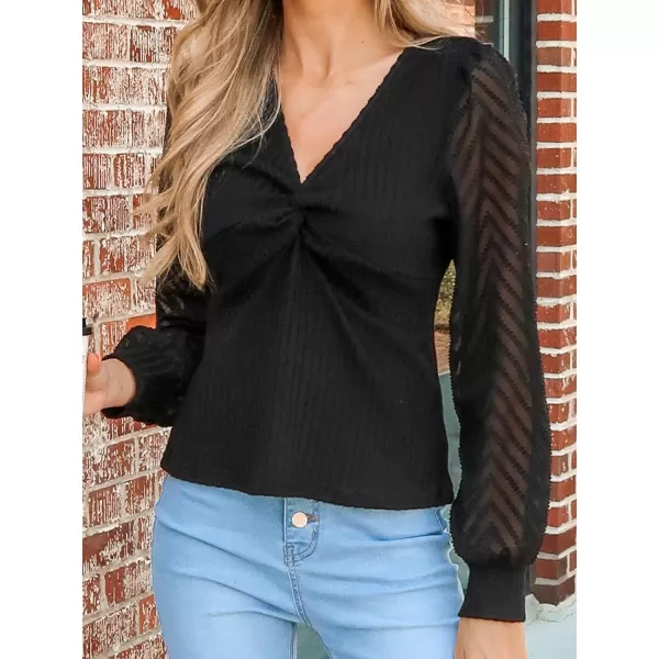 imageCUPSHE Women Blouses Ribbed Contrast Mesh Long Sleeve Top V Neck Mesh Sleeves ShirtsBlack