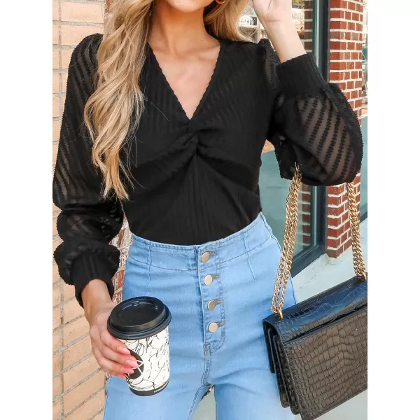 imageCUPSHE Women Blouses Ribbed Contrast Mesh Long Sleeve Top V Neck Mesh Sleeves ShirtsBlack