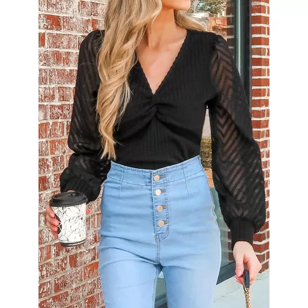 imageCUPSHE Women Blouses Ribbed Contrast Mesh Long Sleeve Top V Neck Mesh Sleeves ShirtsBlack