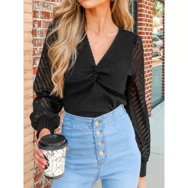 imageCUPSHE Women Blouses Ribbed Contrast Mesh Long Sleeve Top V Neck Mesh Sleeves ShirtsBlack