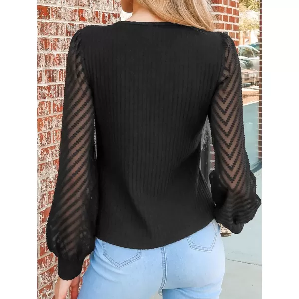 imageCUPSHE Women Blouses Ribbed Contrast Mesh Long Sleeve Top V Neck Mesh Sleeves ShirtsBlack