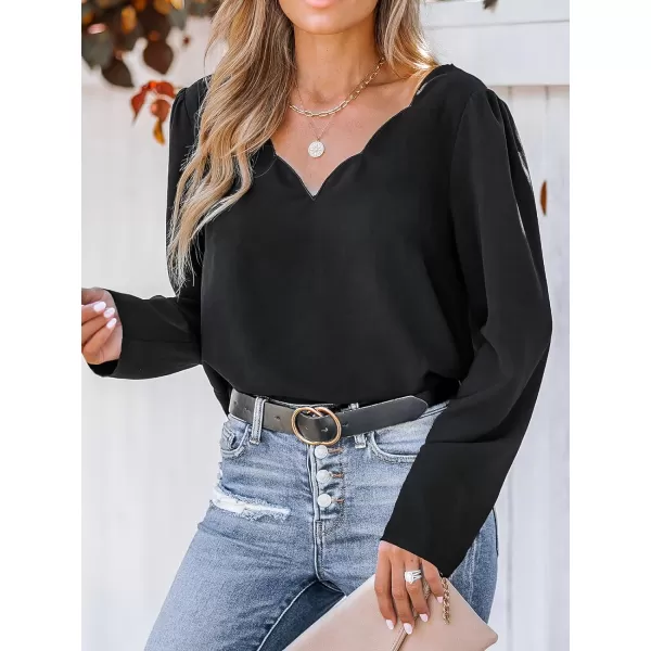 imageCUPSHE Women Blouses Scalloped VNeck Tops Long Sleeves ShirtsBlack