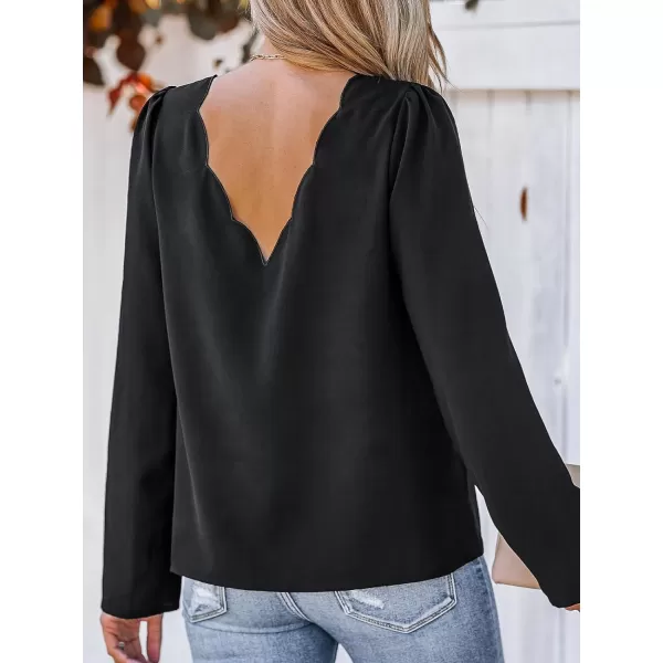 imageCUPSHE Women Blouses Scalloped VNeck Tops Long Sleeves ShirtsBlack