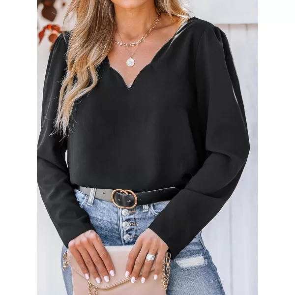 imageCUPSHE Women Blouses Scalloped VNeck Tops Long Sleeves ShirtsBlack