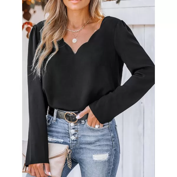 imageCUPSHE Women Blouses Scalloped VNeck Tops Long Sleeves ShirtsBlack