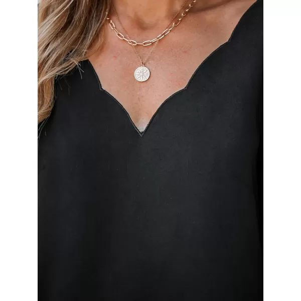 imageCUPSHE Women Blouses Scalloped VNeck Tops Long Sleeves ShirtsBlack