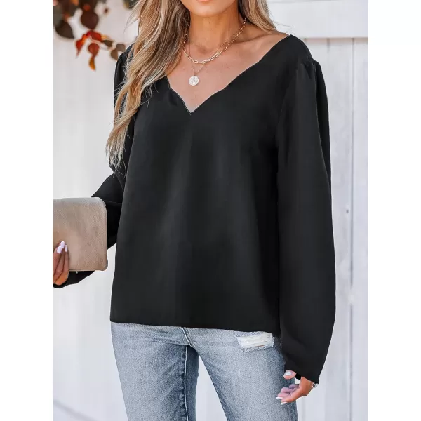 imageCUPSHE Women Blouses Scalloped VNeck Tops Long Sleeves ShirtsBlack