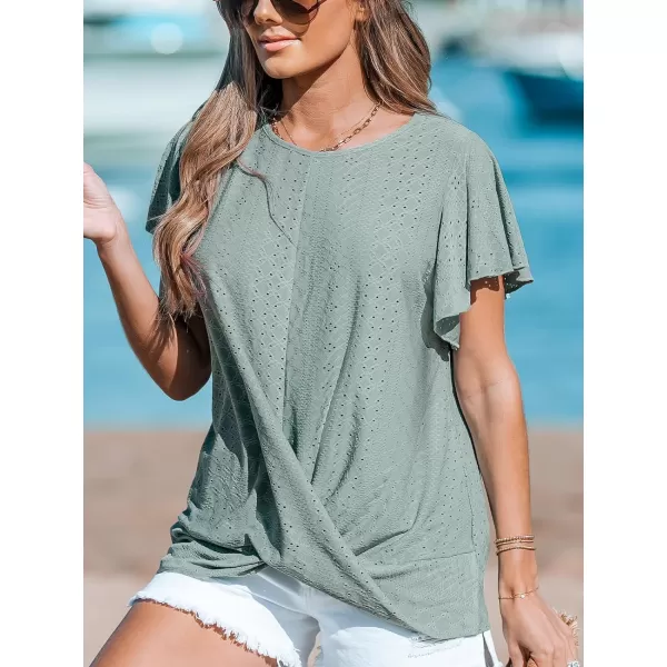 imageCUPSHE Women Blouses Short Flutter Sleeves Front Twist Top Solid Tee Casual DressyGreen