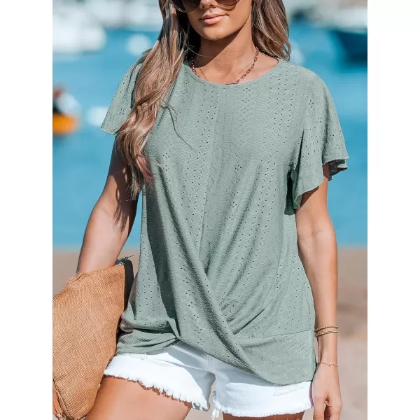 imageCUPSHE Women Blouses Short Flutter Sleeves Front Twist Top Solid Tee Casual DressyGreen