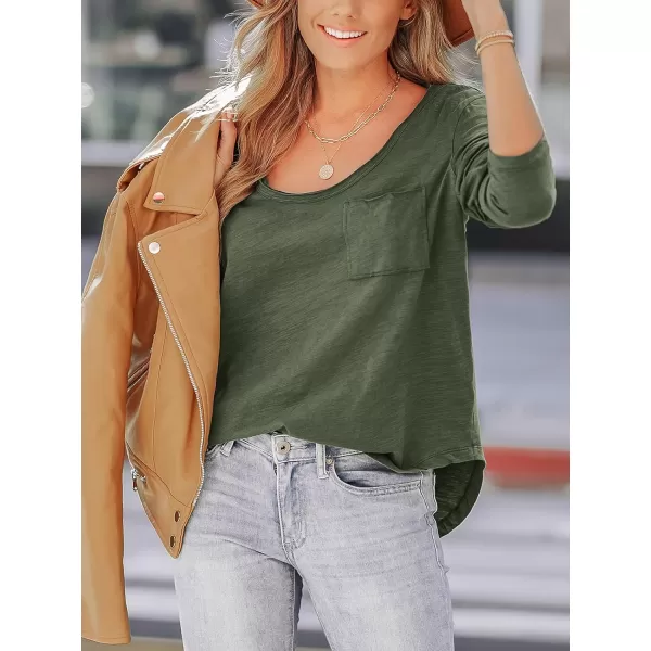 imageCUPSHE Women Blouses Slub Knit Tee Top Long Sleeves Scoop Neck Shirts Casual DressyGreen