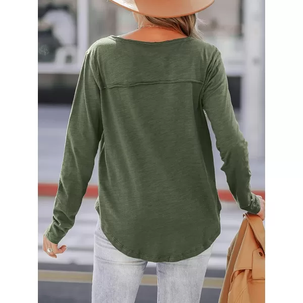 imageCUPSHE Women Blouses Slub Knit Tee Top Long Sleeves Scoop Neck Shirts Casual DressyGreen