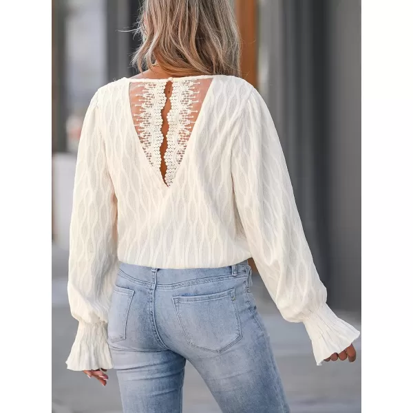 imageCUPSHE Women Blouses Smocked Trumpet Sleeve Top Long Sleeves Lace V Neck ShirtsWhite