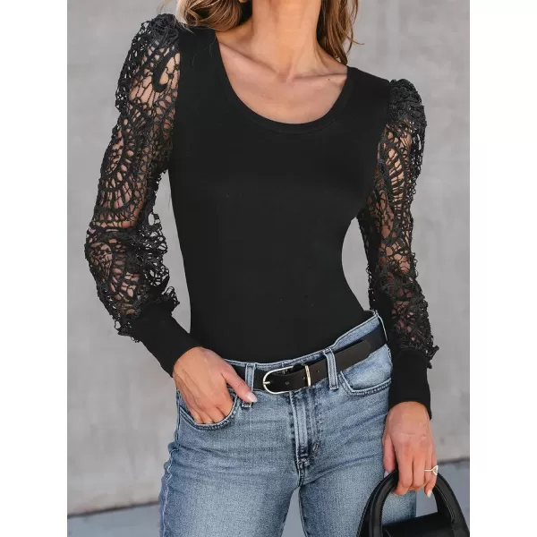 imageCUPSHE Women Blouses Square Neck Cutout Lace Sleeve Tops Long Sleeve Shirt CasualBlack