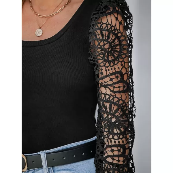 imageCUPSHE Women Blouses Square Neck Cutout Lace Sleeve Tops Long Sleeve Shirt CasualBlack