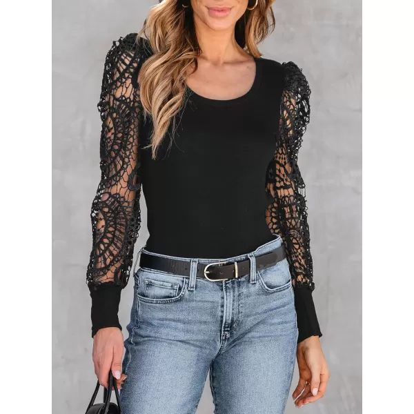 imageCUPSHE Women Blouses Square Neck Cutout Lace Sleeve Tops Long Sleeve Shirt CasualBlack