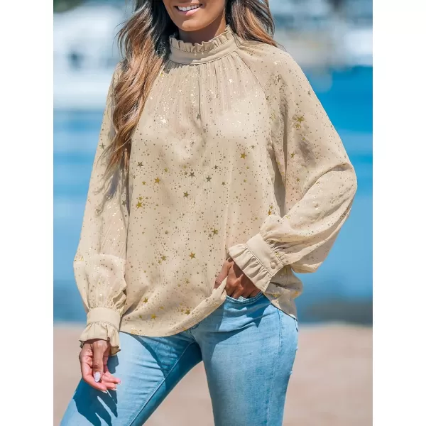 imageCUPSHE Women Blouses Star Print SemiSheer Ruffled Long Sleeve Mock Neck Shirt Dressy PartyBeige