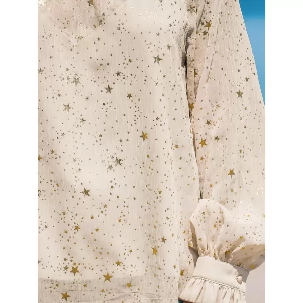 imageCUPSHE Women Blouses Star Print SemiSheer Ruffled Long Sleeve Mock Neck Shirt Dressy PartyBeige