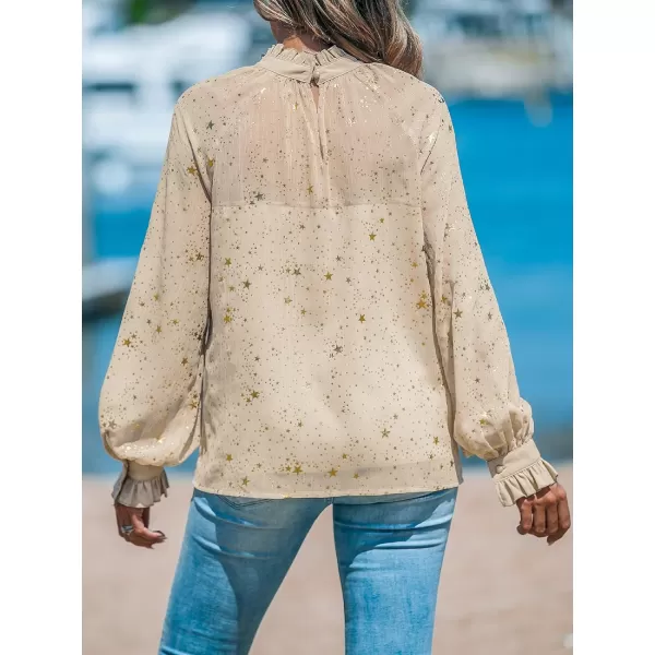 imageCUPSHE Women Blouses Star Print SemiSheer Ruffled Long Sleeve Mock Neck Shirt Dressy PartyBeige