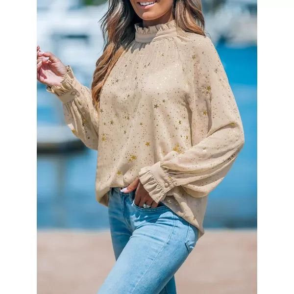 imageCUPSHE Women Blouses Star Print SemiSheer Ruffled Long Sleeve Mock Neck Shirt Dressy PartyBeige