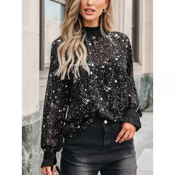 imageCUPSHE Women Blouses Star Print SemiSheer Ruffled Long Sleeve Mock Neck Shirt Dressy PartyBlack