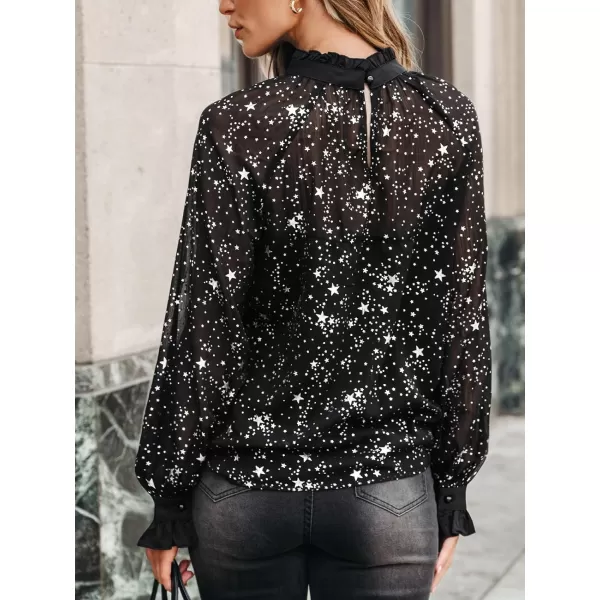 imageCUPSHE Women Blouses Star Print SemiSheer Ruffled Long Sleeve Mock Neck Shirt Dressy PartyBlack