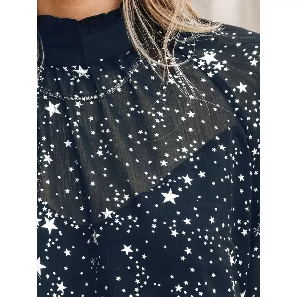 imageCUPSHE Women Blouses Star Print SemiSheer Ruffled Long Sleeve Mock Neck Shirt Dressy PartyBlue