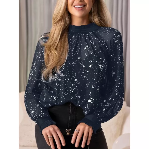 imageCUPSHE Women Blouses Star Print SemiSheer Ruffled Long Sleeve Mock Neck Shirt Dressy PartyBlue