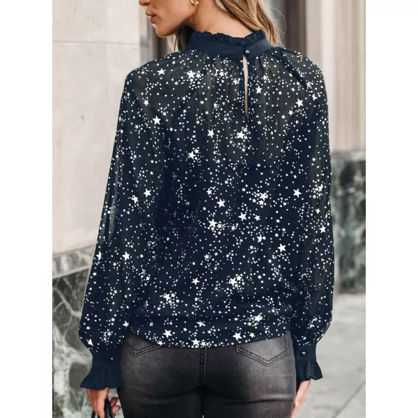 imageCUPSHE Women Blouses Star Print SemiSheer Ruffled Long Sleeve Mock Neck Shirt Dressy PartyBlue