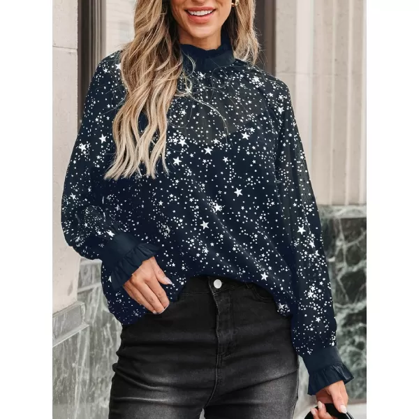 imageCUPSHE Women Blouses Star Print SemiSheer Ruffled Long Sleeve Mock Neck Shirt Dressy PartyBlue