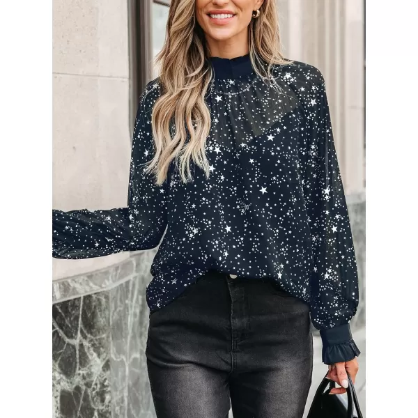imageCUPSHE Women Blouses Star Print SemiSheer Ruffled Long Sleeve Mock Neck Shirt Dressy PartyBlue