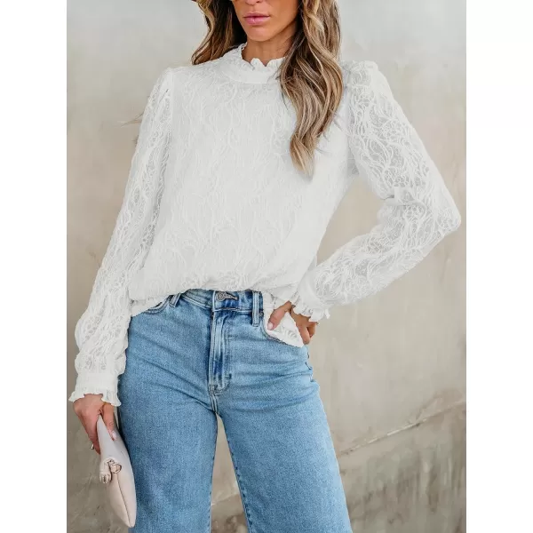 imageCUPSHE Women Blouses Turtleneck Frill Long Sleeve Top Lace Tee Mock Neck Blouses PartyWhite