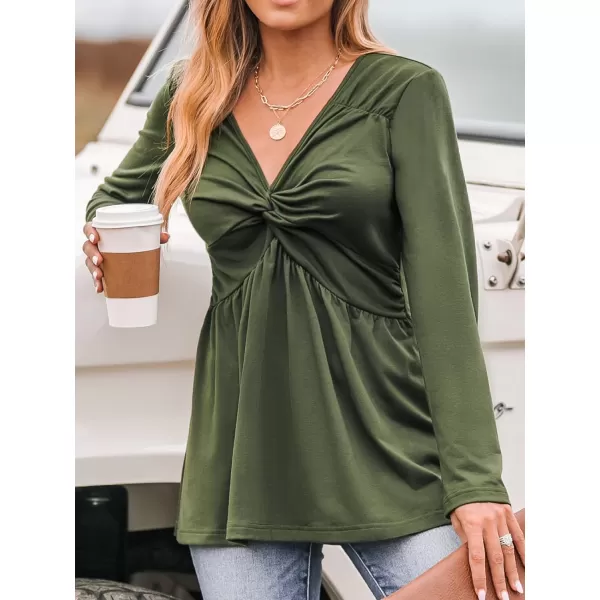 imageCUPSHE Women Blouses Twisted Front Tops V Neck Long Sleeves ShirtsGreen