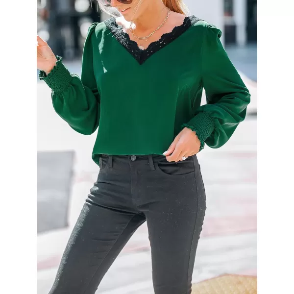 imageCUPSHE Women Blouses VNeck Lace Trims Top Long Ballon Sleeve Shirt DressyGreen