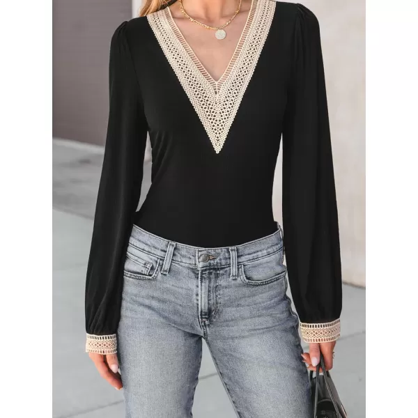 imageCUPSHE Women Bodysuits Contrast Lace Long Sleeve Bodysuit Lace V Neck Sexy CasualBlack