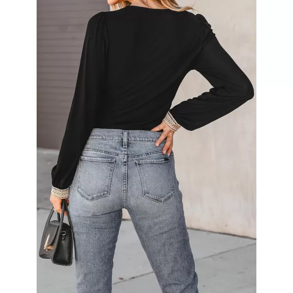 imageCUPSHE Women Bodysuits Contrast Lace Long Sleeve Bodysuit Lace V Neck Sexy CasualBlack