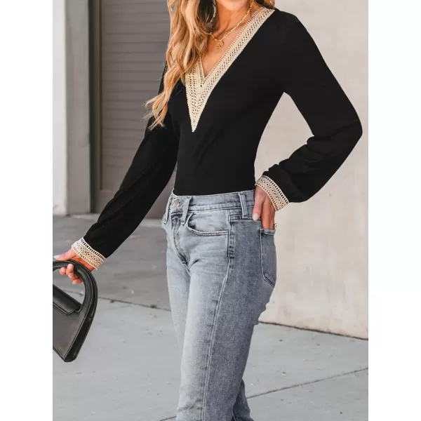 imageCUPSHE Women Bodysuits Contrast Lace Long Sleeve Bodysuit Lace V Neck Sexy CasualBlack