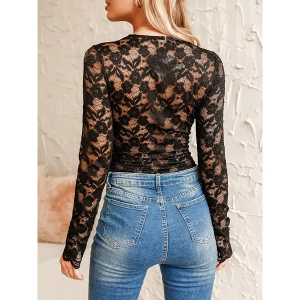 imageCUPSHE Women Bodysuits Floral Lace Long Sleeve Bodysuit Lace V Neck Leotard Sexy CasualBlack