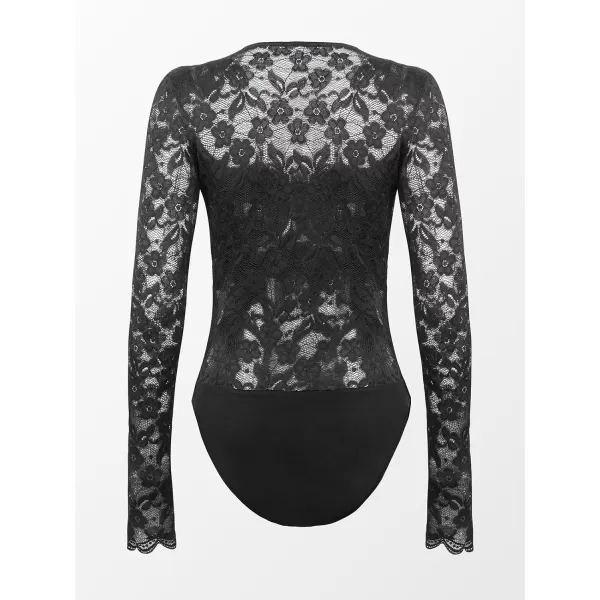 imageCUPSHE Women Bodysuits Floral Lace Long Sleeve Bodysuit Lace V Neck Leotard Sexy CasualBlack