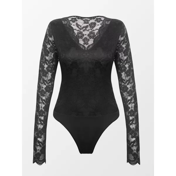 imageCUPSHE Women Bodysuits Floral Lace Long Sleeve Bodysuit Lace V Neck Leotard Sexy CasualBlack