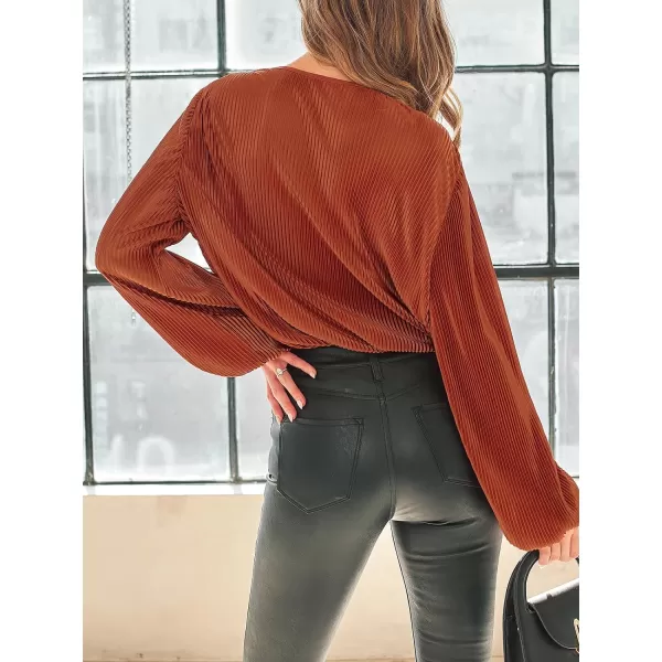 imageCUPSHE Women Bodysuits Rust Corduroy Wrap Long Sleeve V Neck Bodysuit Sexy CasualRed