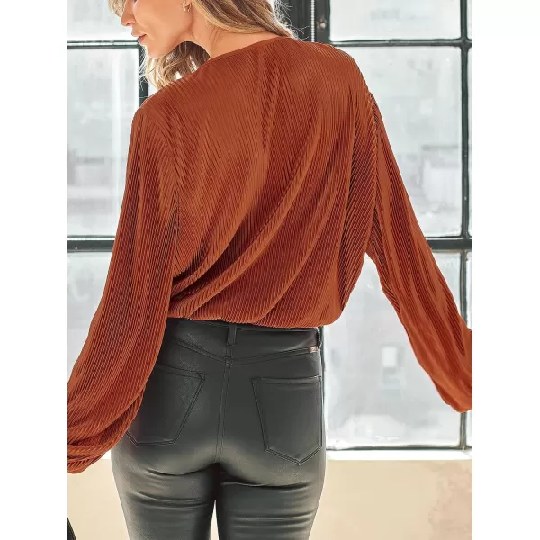 imageCUPSHE Women Bodysuits Rust Corduroy Wrap Long Sleeve V Neck Bodysuit Sexy CasualRed