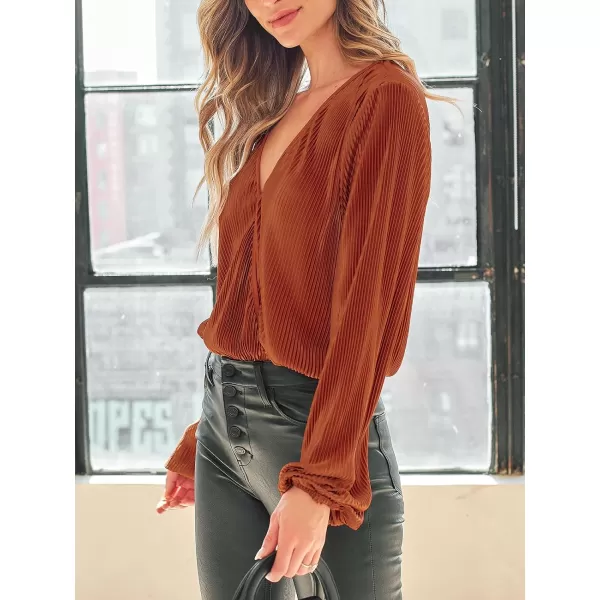 imageCUPSHE Women Bodysuits Rust Corduroy Wrap Long Sleeve V Neck Bodysuit Sexy CasualRed
