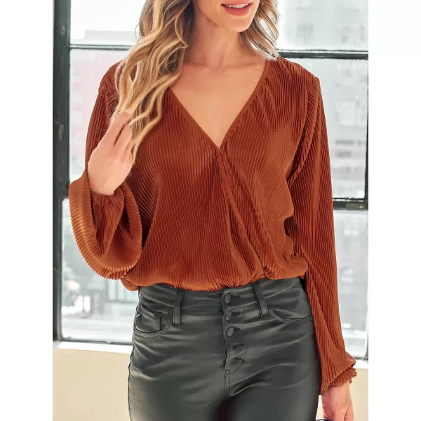 imageCUPSHE Women Bodysuits Rust Corduroy Wrap Long Sleeve V Neck Bodysuit Sexy CasualRed