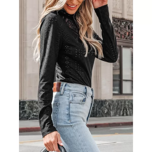 imageCUPSHE Women Bodysuits Stand Collar Cutout Lace Bodysuit Long Sleeve Mock Neck Jumpsuit Sexy CasualBlack