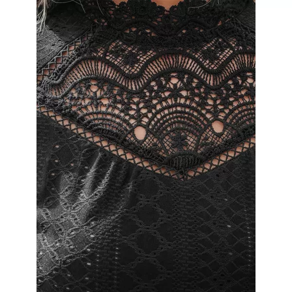 imageCUPSHE Women Bodysuits Stand Collar Cutout Lace Bodysuit Long Sleeve Mock Neck Jumpsuit Sexy CasualBlack